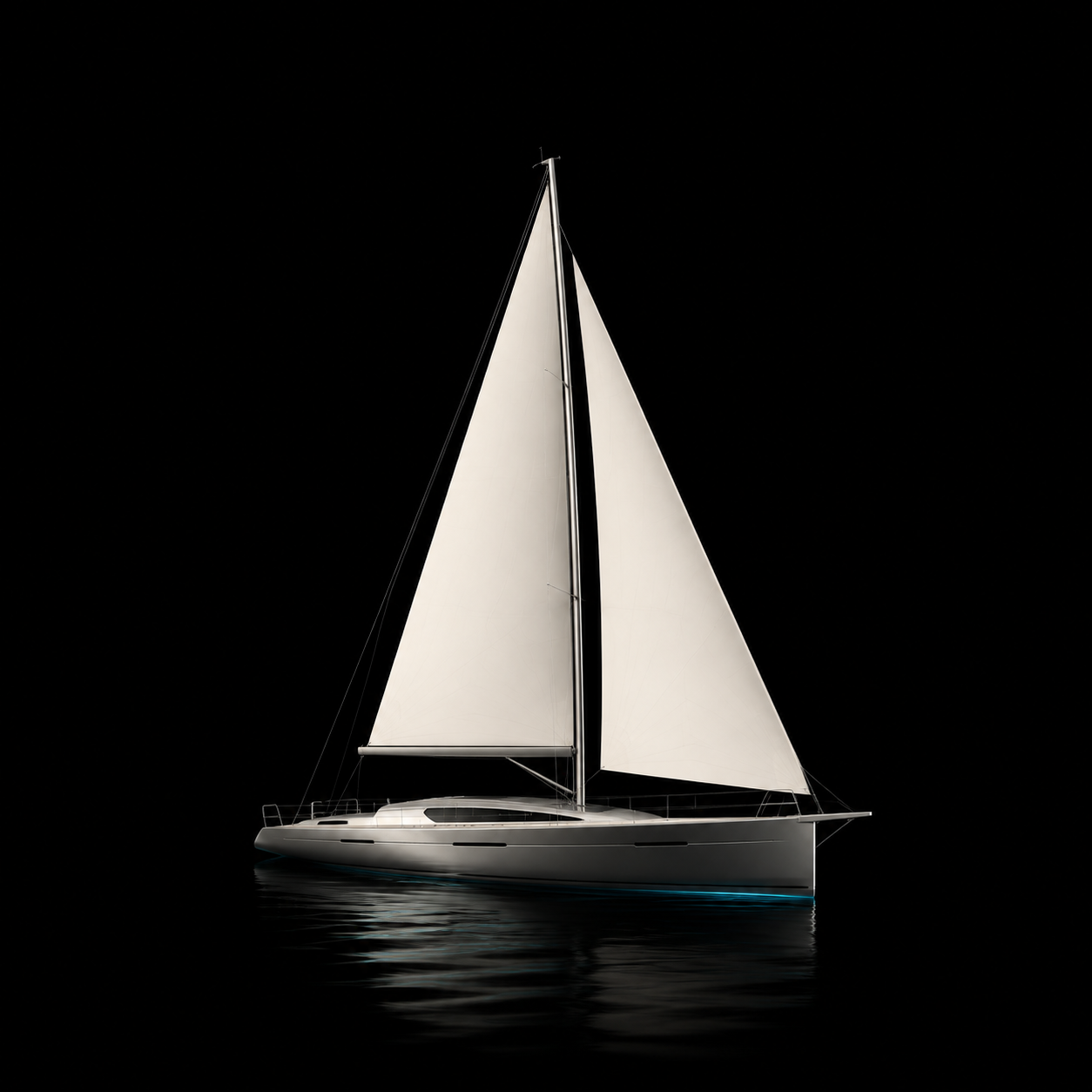 A white sailboat on calm dark water